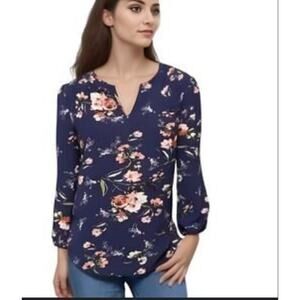 Fun 2 Fun Navy Kenmore fairy floral long sleeve blouse Size Small whimsy office